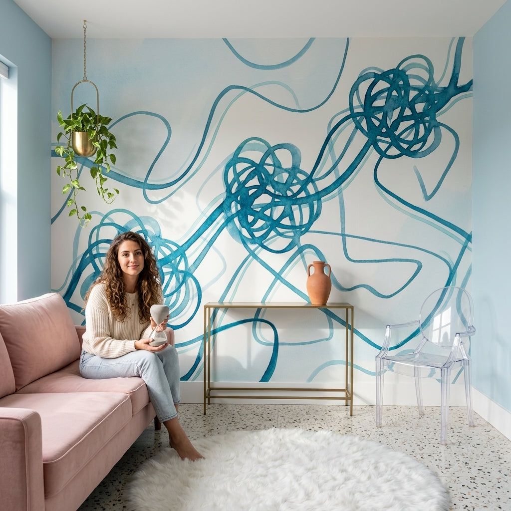 Abstract Wallpaper Watercolor Removable Teal Blue Wall Decor