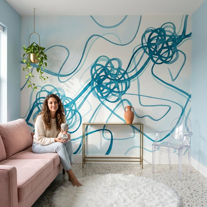 Abstract Wallpaper Watercolor Removable Teal Blue Wall Decor