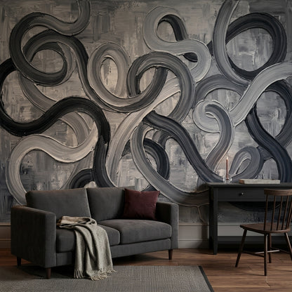 Looping Curves Wallpaper Abstract Removable Charcoal Wall Decor