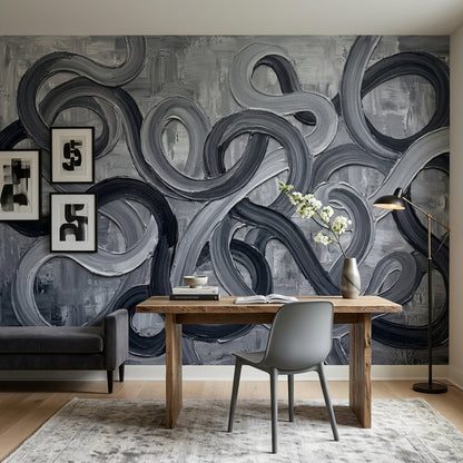 Looping Curves Wallpaper Abstract Removable Charcoal Wall Decor