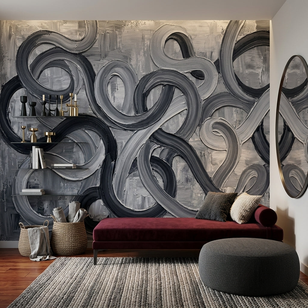 Looping Curves Wallpaper Abstract Removable Charcoal Wall Decor
