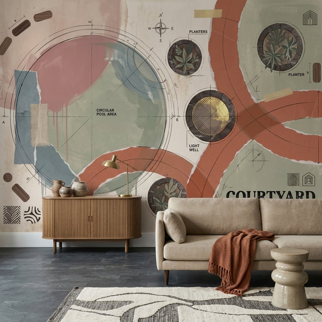 Courtyard Site Plan Wallpaper Architectural Blueprint Abstract Geometric Removable Wall Decor