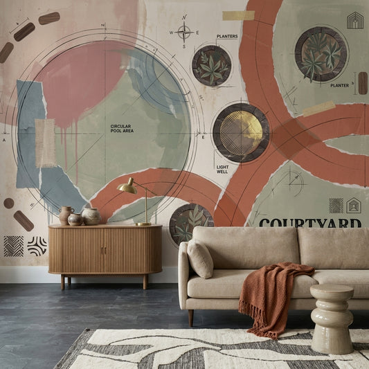 Courtyard Site Plan Wallpaper Architectural Blueprint Abstract Geometric Removable Wall Decor
