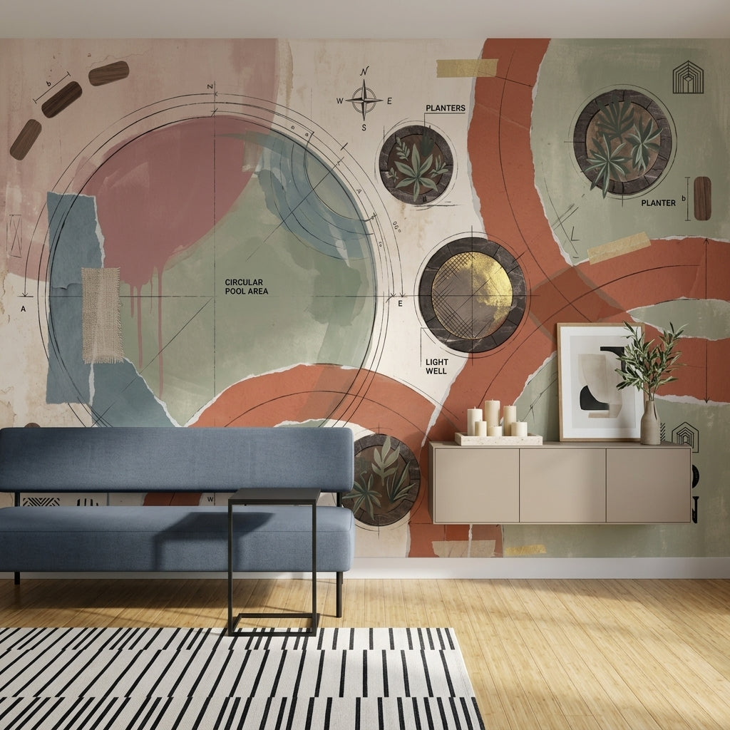 Courtyard Site Plan Wallpaper Architectural Blueprint Abstract Geometric Removable Wall Decor