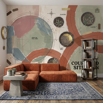 Courtyard Site Plan Wallpaper Architectural Blueprint Abstract Geometric Removable Wall Decor