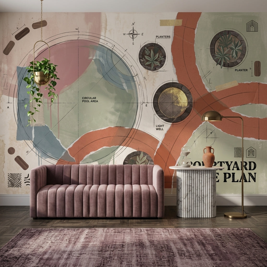 Courtyard Site Plan Wallpaper Architectural Blueprint Abstract Geometric Removable Wall Decor