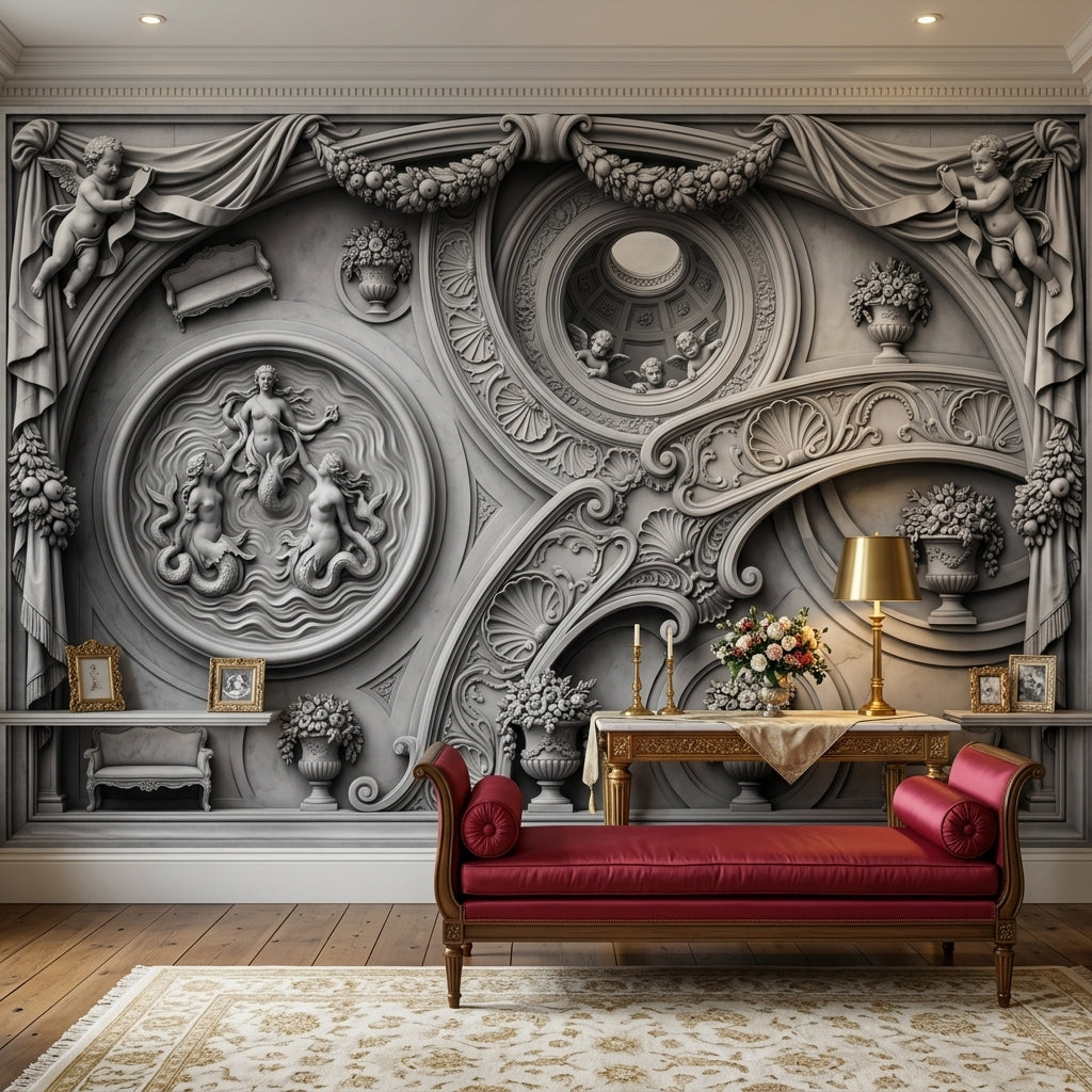 Classical Relief Wallpaper Baroque Scrollwork Cherubs Wall Mural