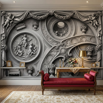Classical Relief Wallpaper Baroque Scrollwork Cherubs Wall Mural