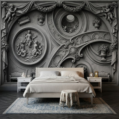 Classical Relief Wallpaper Baroque Scrollwork Cherubs Wall Mural