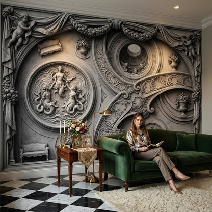 Classical Relief Wallpaper Baroque Scrollwork Cherubs Wall Mural