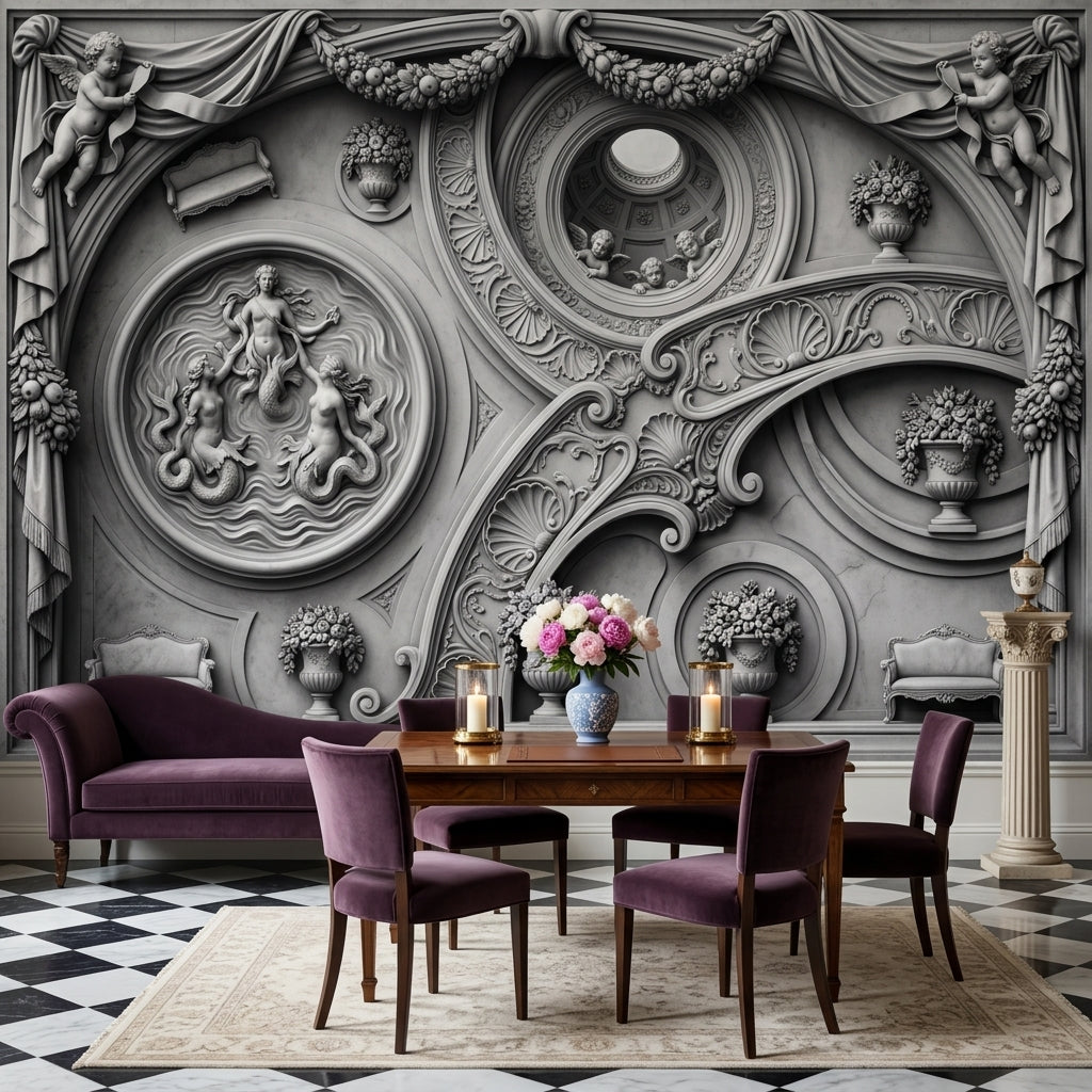 Classical Relief Wallpaper Baroque Scrollwork Cherubs Wall Mural