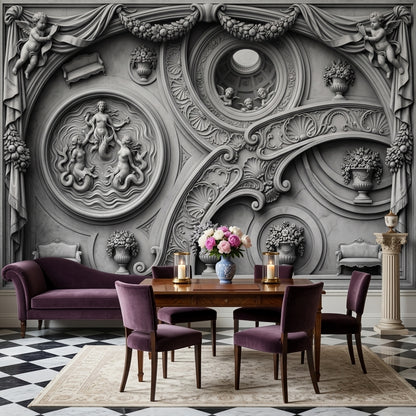 Classical Relief Wallpaper Baroque Scrollwork Cherubs Wall Mural