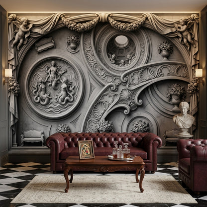 Classical Relief Wallpaper Baroque Scrollwork Cherubs Wall Mural
