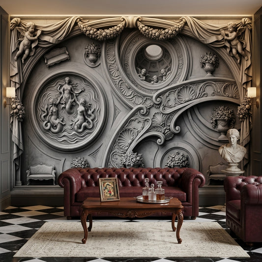 Classical Relief Wallpaper Baroque Scrollwork Cherubs Wall Mural