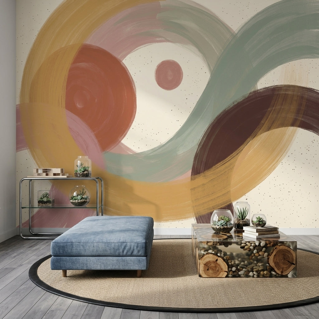 Painted Brushstrokes Wallpaper Overlapping Arcs Earth Tones Wall Mural