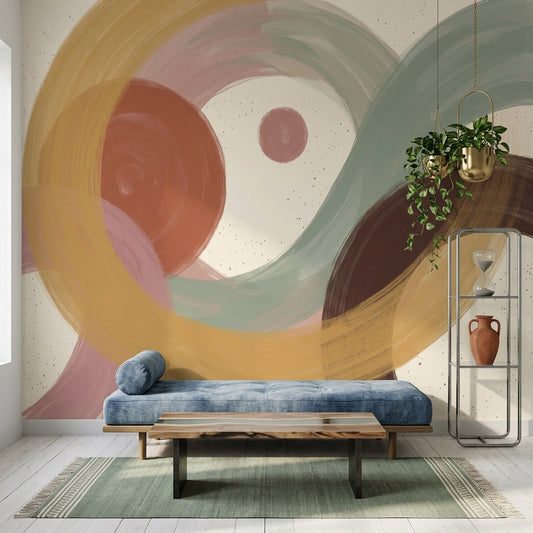 Painted Brushstrokes Wallpaper Overlapping Arcs Earth Tones Wall Mural