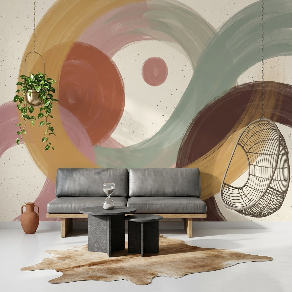 Painted Brushstrokes Wallpaper Overlapping Arcs Earth Tones Wall Mural