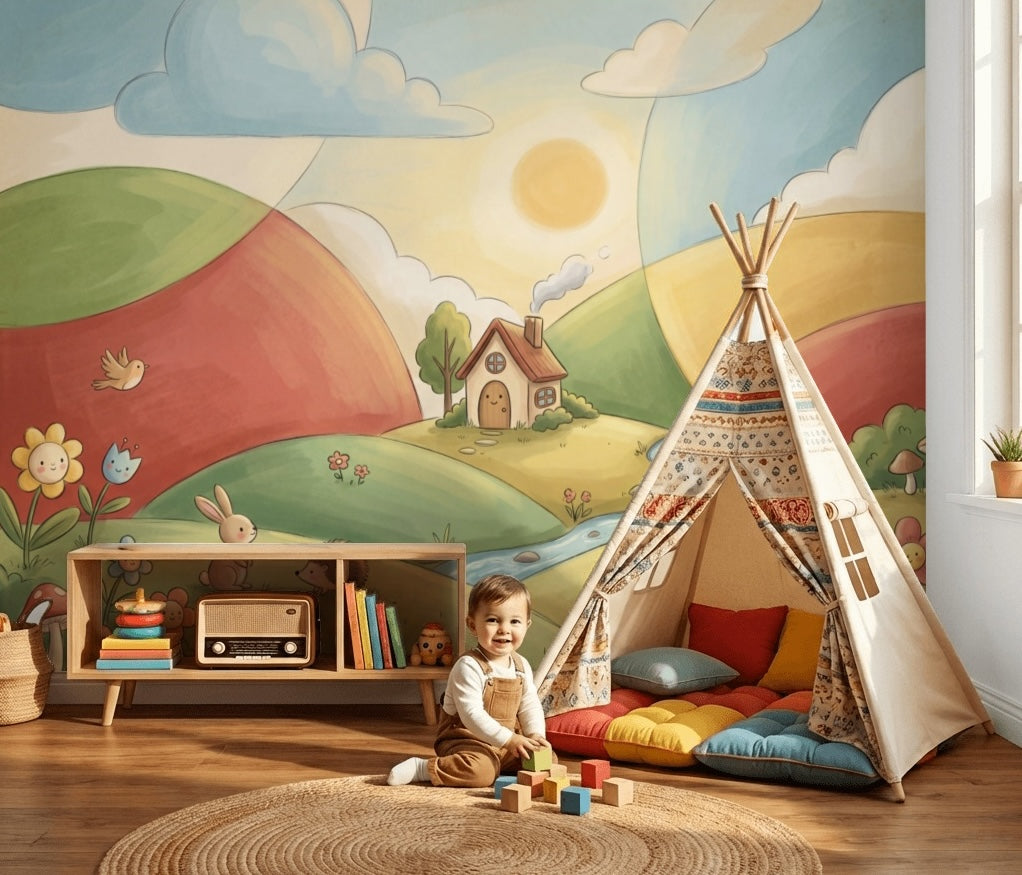 Sunny Sky Wallpaper Pastel Landscape Whimsical Nursery Wall Mural