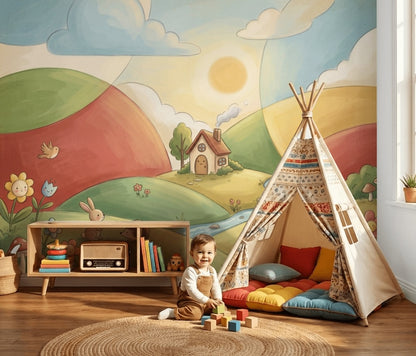 Sunny Sky Wallpaper Pastel Landscape Whimsical Nursery Wall Mural