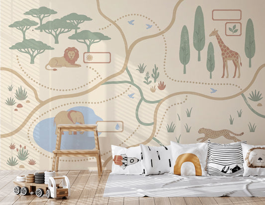 Safari Wallpaper Animal Map Removable Savanna Landscape Wall Decor