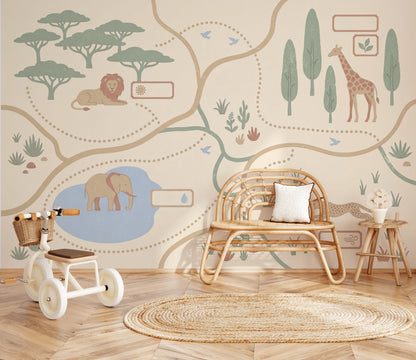 Safari Wallpaper Animal Map Removable Savanna Landscape Wall Decor