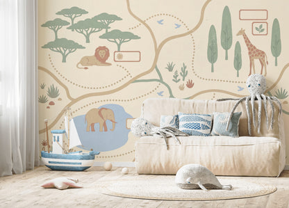 Safari Wallpaper Animal Map Removable Savanna Landscape Wall Decor
