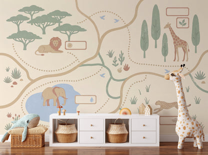 Safari Wallpaper Animal Map Removable Savanna Landscape Wall Decor