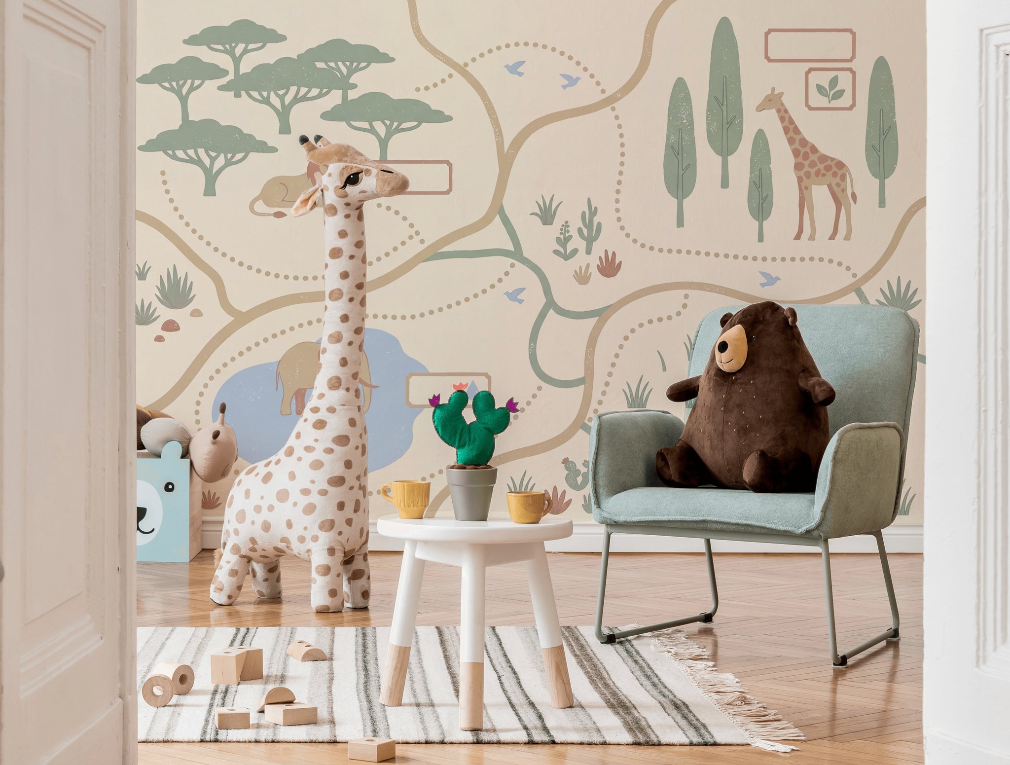 Safari Wallpaper Animal Map Removable Savanna Landscape Wall Decor