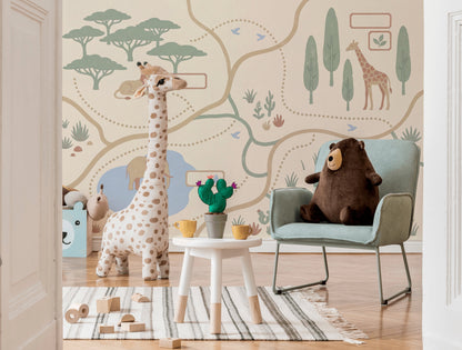 Safari Wallpaper Animal Map Removable Savanna Landscape Wall Decor