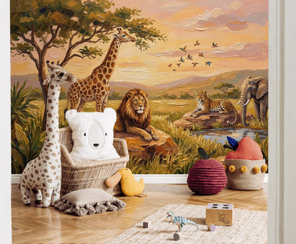 African Savanna Wallpaper Safari Animals Painterly Landscape Removable Wall Decor