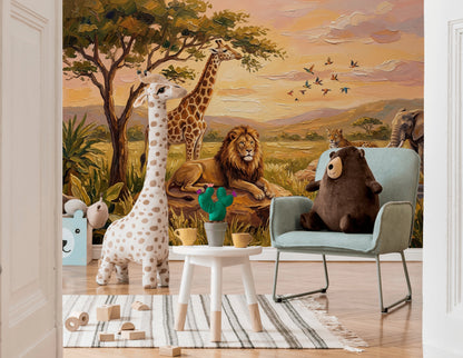 African Savanna Wallpaper Safari Animals Painterly Landscape Removable Wall Decor