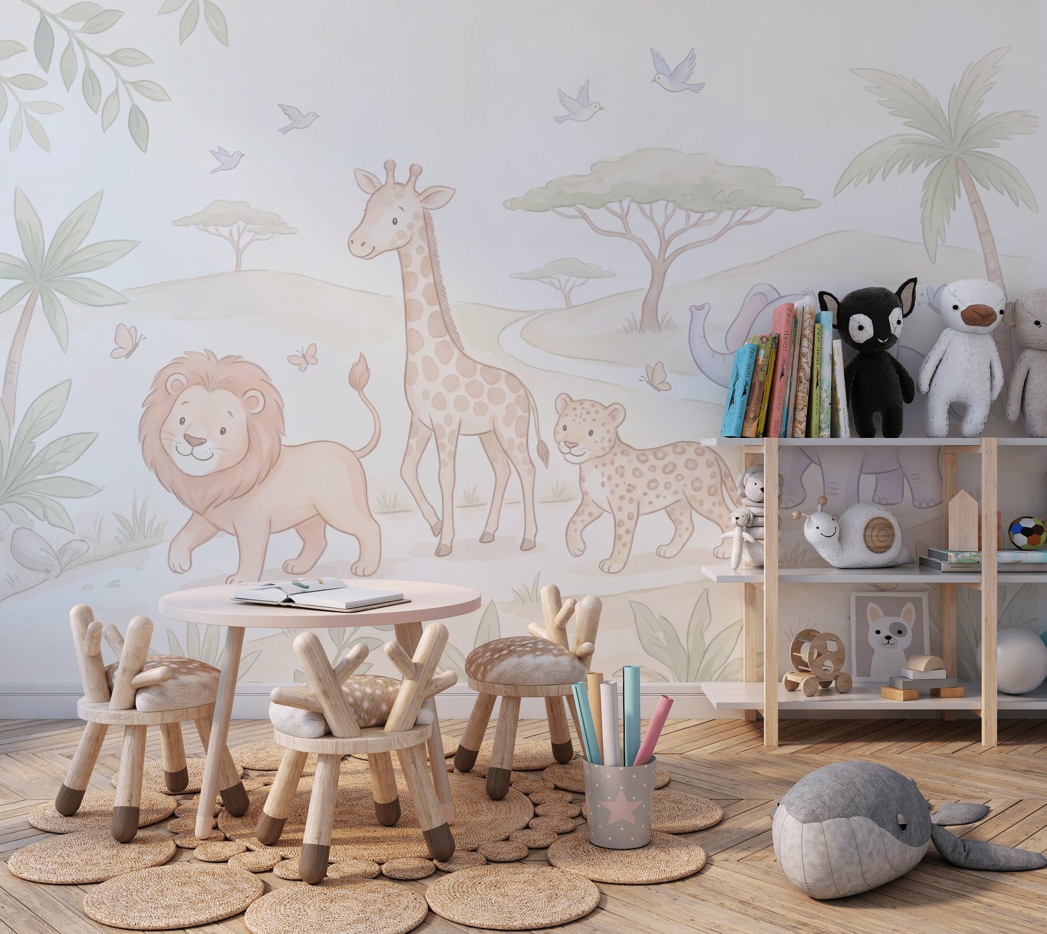 White Background Wallpaper Nursery Safari Wall Mural