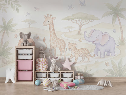 White Background Wallpaper Nursery Safari Wall Mural
