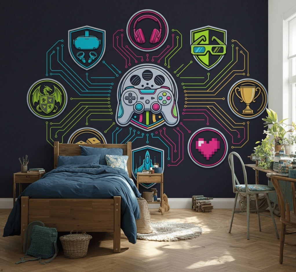 Gaming Wallpaper Neon Circuits Removable Futuristic Wall Decor