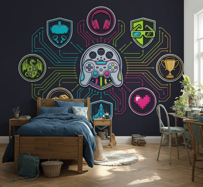Gaming Wallpaper Neon Circuits Removable Futuristic Wall Decor