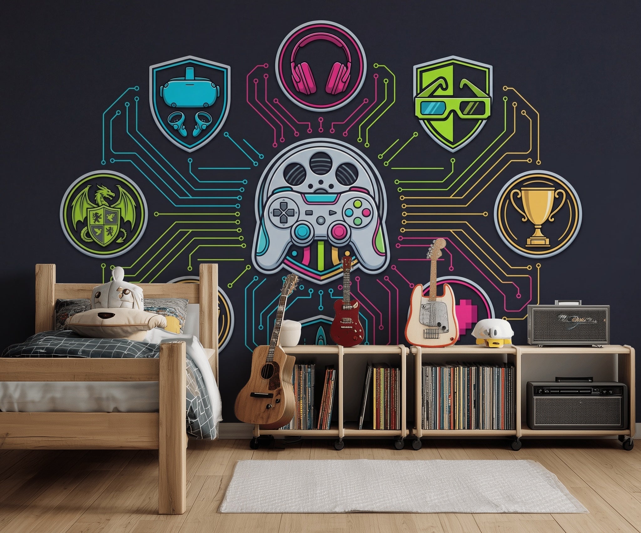 Gaming Wallpaper Neon Circuits Removable Futuristic Wall Decor
