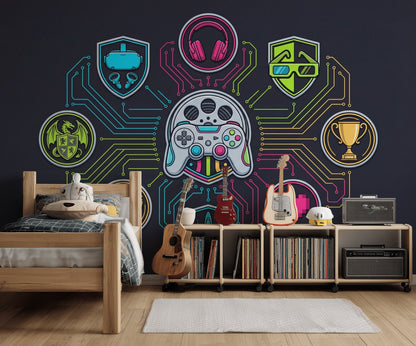 Gaming Wallpaper Neon Circuits Removable Futuristic Wall Decor