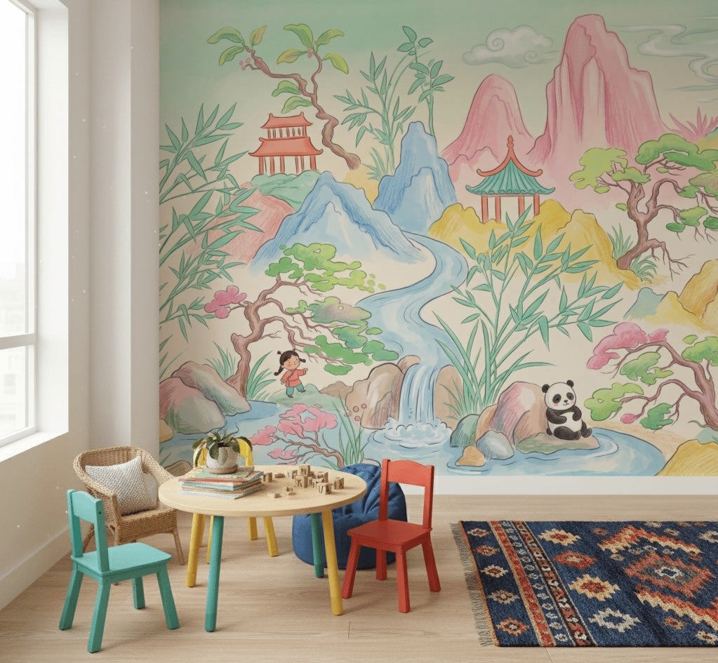 Pastel Landscape Wallpaper Oriental Chinoiserie Pagoda Pavilion Removable Wall Decor