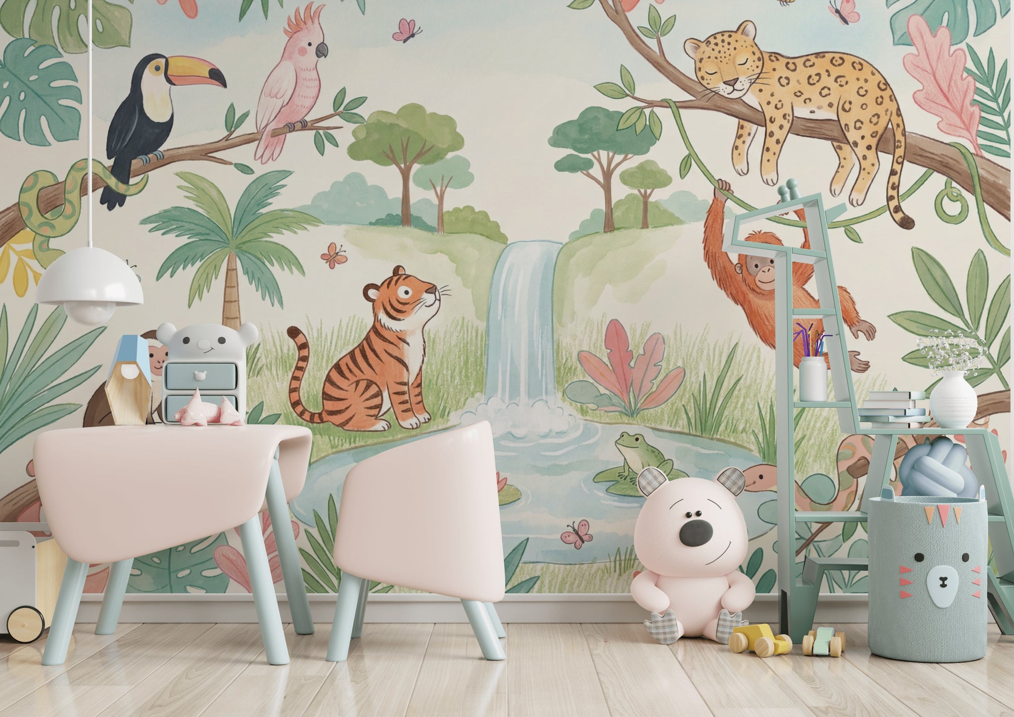 Tropical Jungle Wallpaper Waterfall Pond Pastel Watercolor Wall Mural