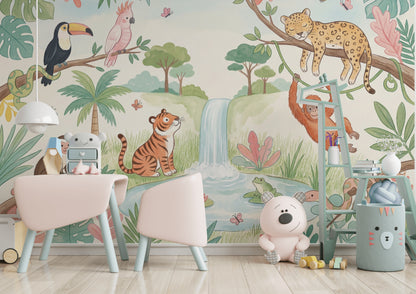 Tropical Jungle Wallpaper Waterfall Pond Pastel Watercolor Wall Mural