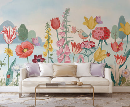 Pastel Butterflies Wallpaper Wildflower Meadow Watercolor Removable Wall Decor