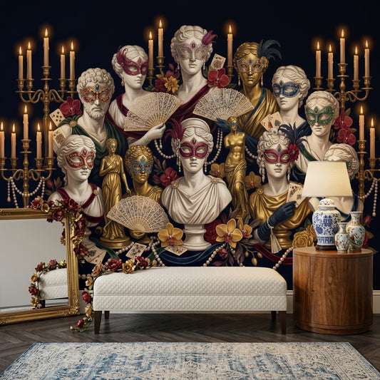 Venetian Masquerade Wallpaper Classical Busts Gold Candelabras Wall Mural