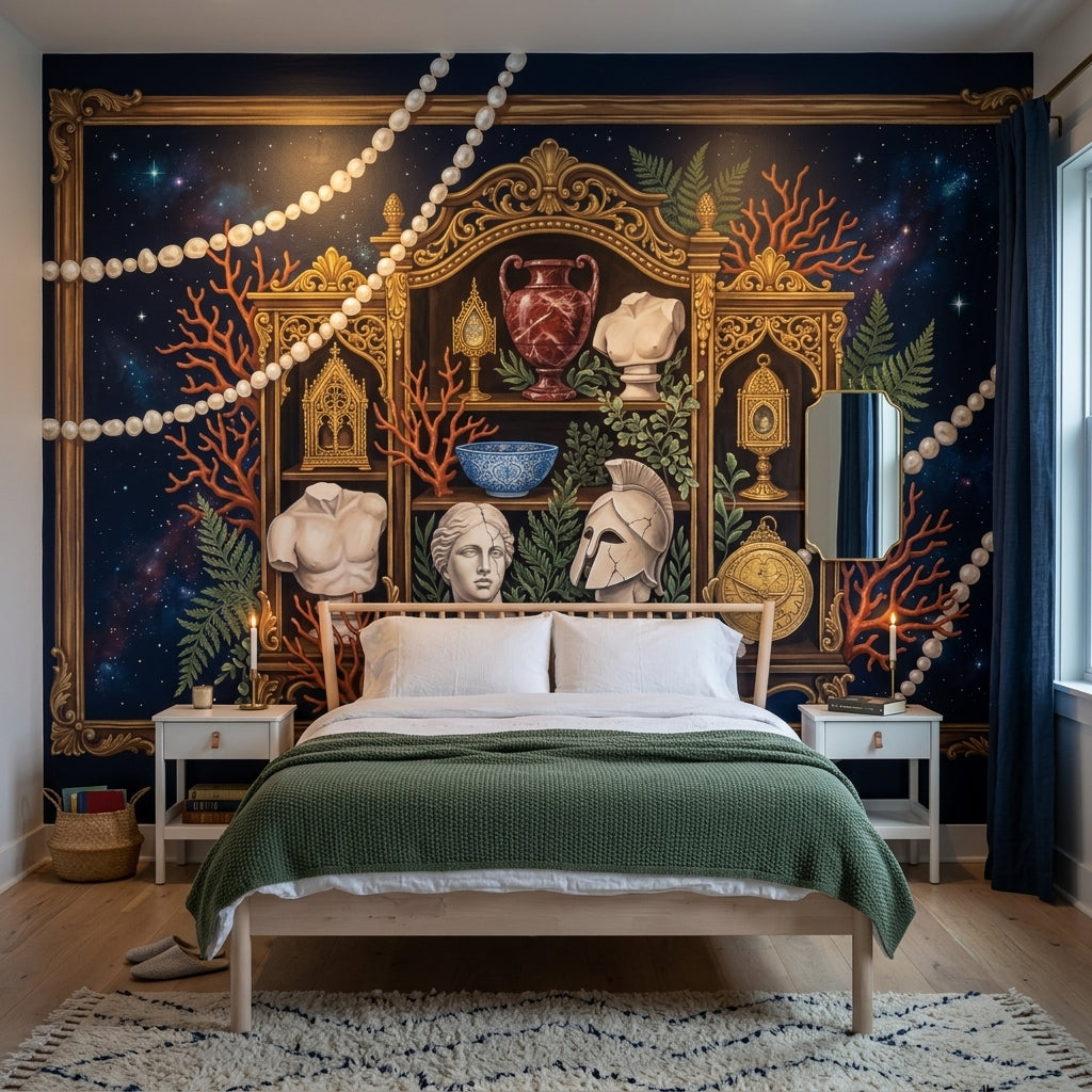 Navy Starry Sky Wallpaper Ornate Gold Frame Removable Classical Statues Wall Decor