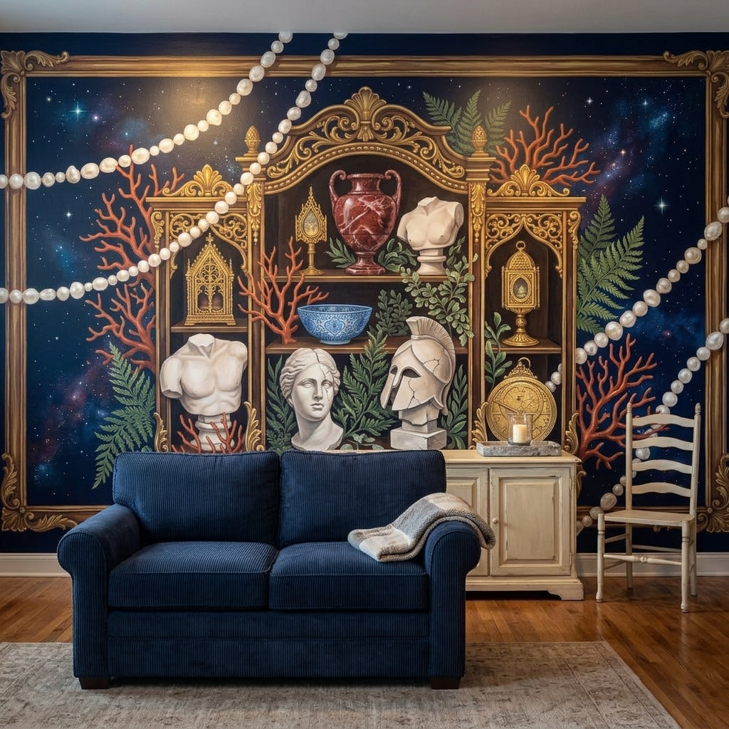 Navy Starry Sky Wallpaper Ornate Gold Frame Removable Classical Statues Wall Decor