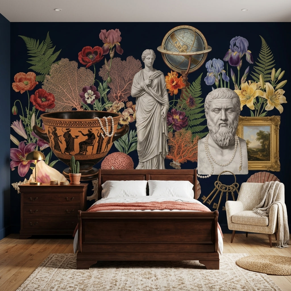 Cabinet Of Curiosities Wallpaper Dark Navy Classical Antiquity Removable Wall Decor
