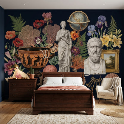 Cabinet Of Curiosities Wallpaper Dark Navy Classical Antiquity Removable Wall Decor