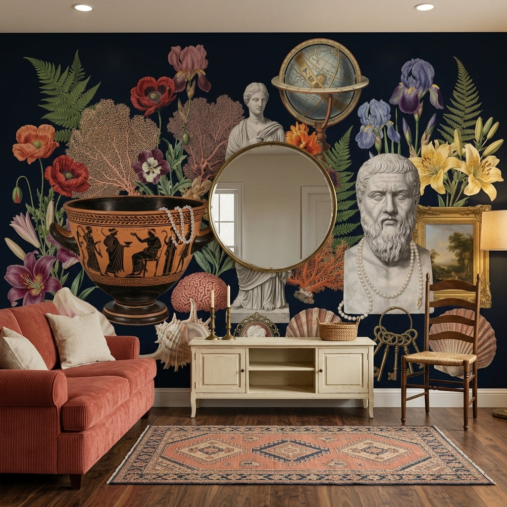 Cabinet Of Curiosities Wallpaper Dark Navy Classical Antiquity Removable Wall Decor