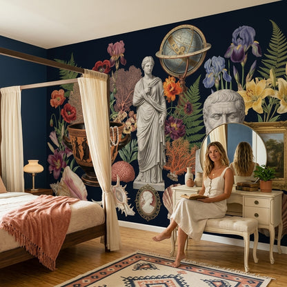 Cabinet Of Curiosities Wallpaper Dark Navy Classical Antiquity Removable Wall Decor