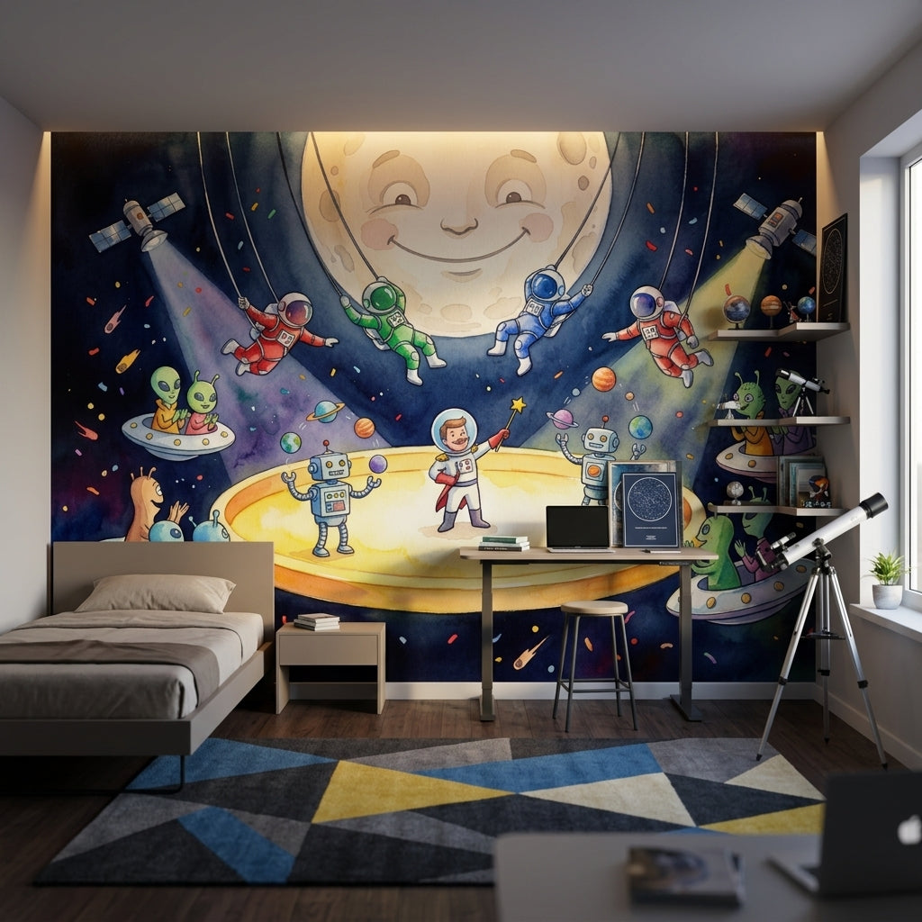 Dark Space Wallpaper Watercolor Illustration Removable Smiling Moon Wall Decor