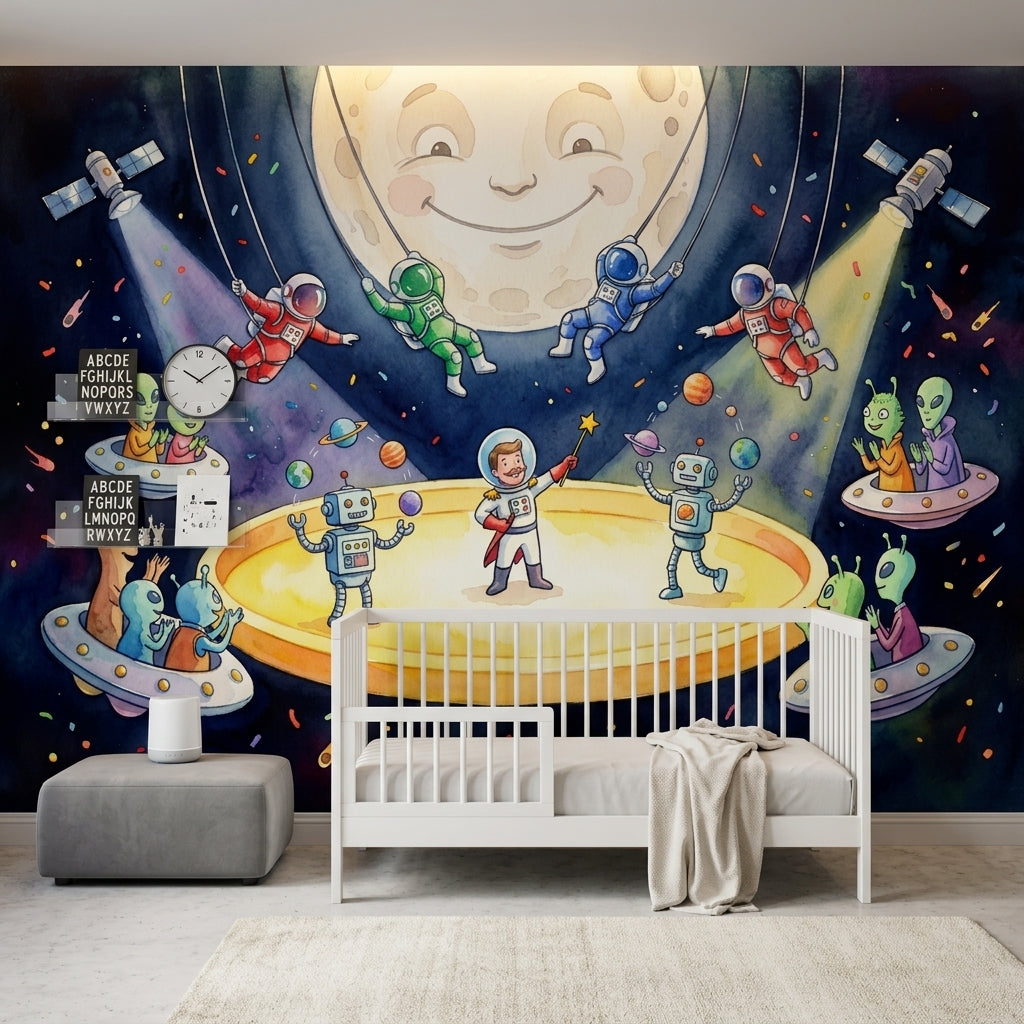 Dark Space Wallpaper Watercolor Illustration Removable Smiling Moon Wall Decor